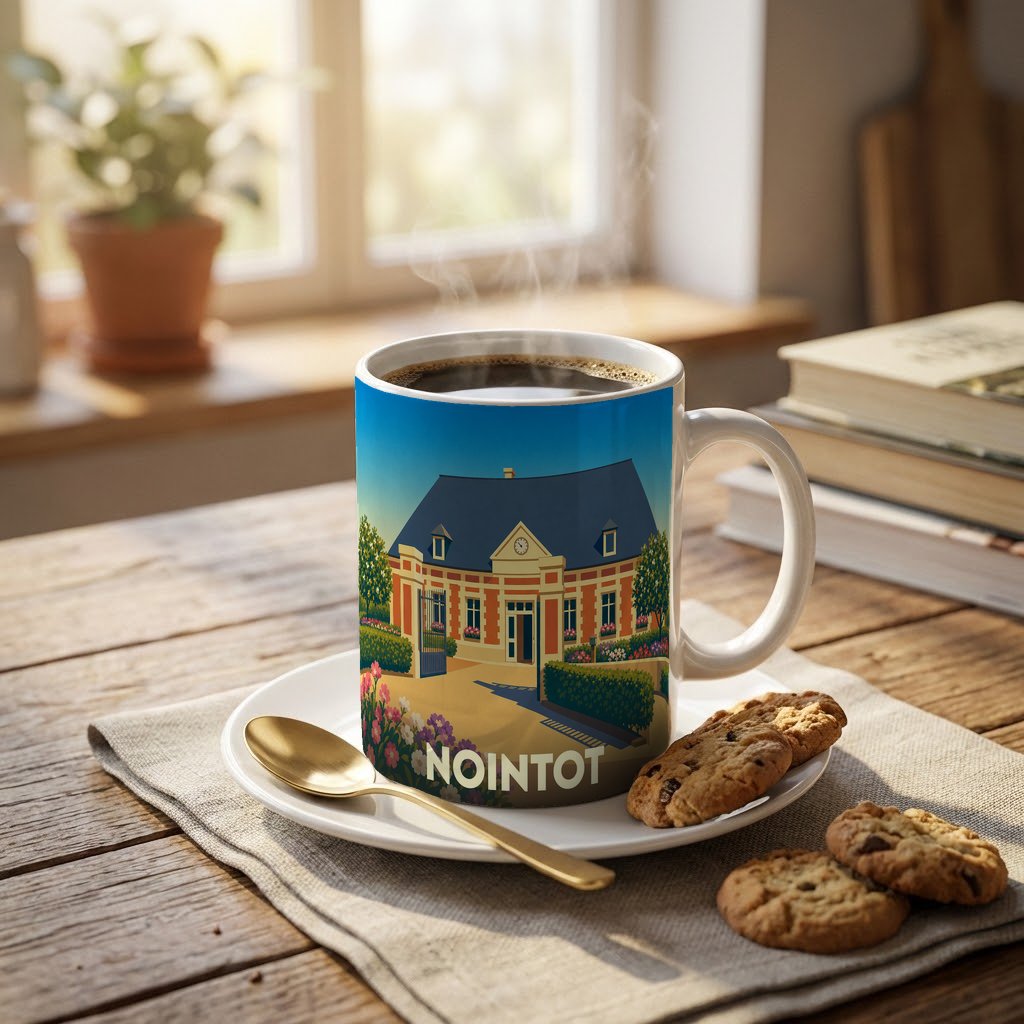Mug souvenir de la ville de Nointot orné d'une illustration stylisée de sa mairie.