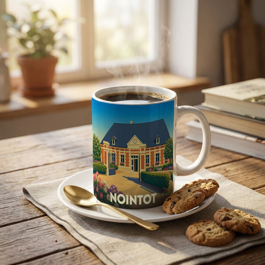 Mug souvenir de la ville de Nointot orné d'une illustration stylisée de sa mairie.