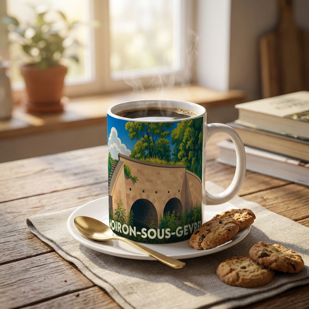 Mug souvenir de la ville de Noiron-sous-Gevrey orné d'une illustration stylisée de son pont en pierre.