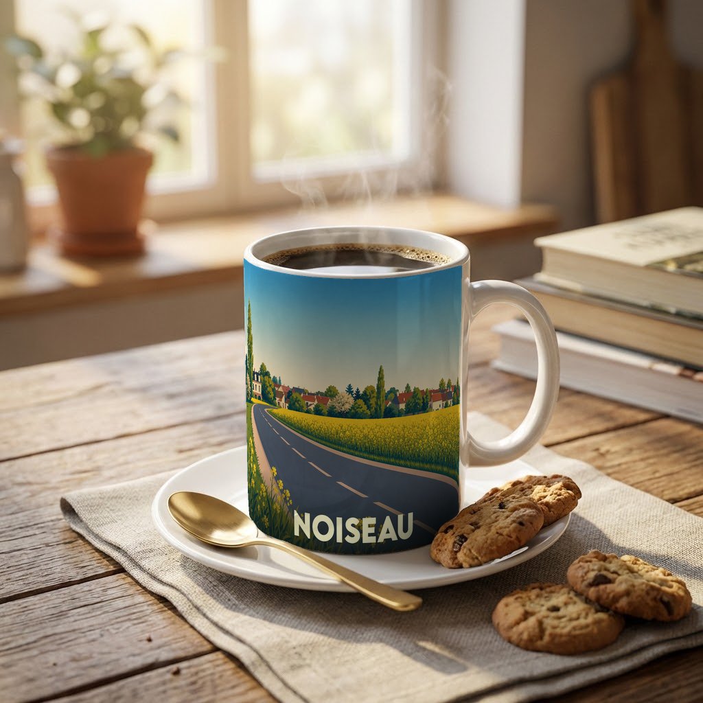 Mug souvenir de la ville de Noiseau avec une illustration stylisée d'un paysage champêtre.
