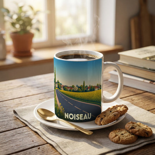 Mug souvenir de la ville de Noiseau avec une illustration stylisée d'un paysage champêtre.