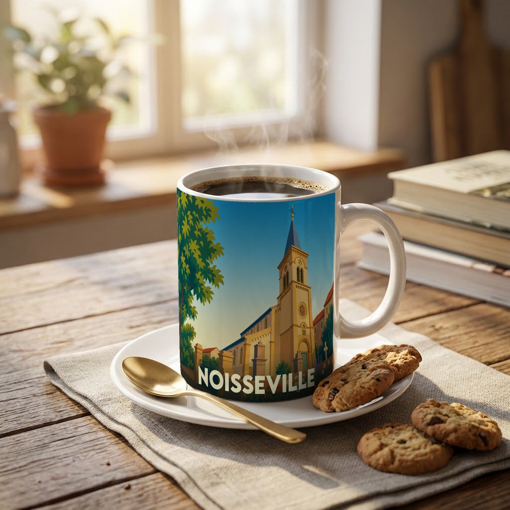 Mug souvenir de la ville de Noisseville orné d'une illustration stylisée de son église.