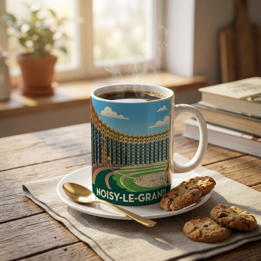 Mug souvenir de la ville de Noisy-le-Grand avec une illustration stylisée.