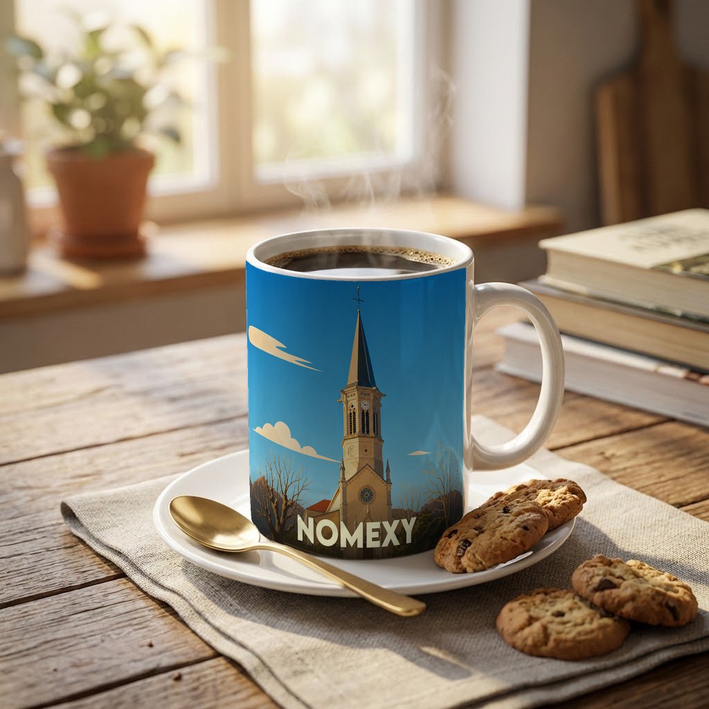 Mug souvenir de la ville de Nomexy orné d'une illustration stylisée de son église.