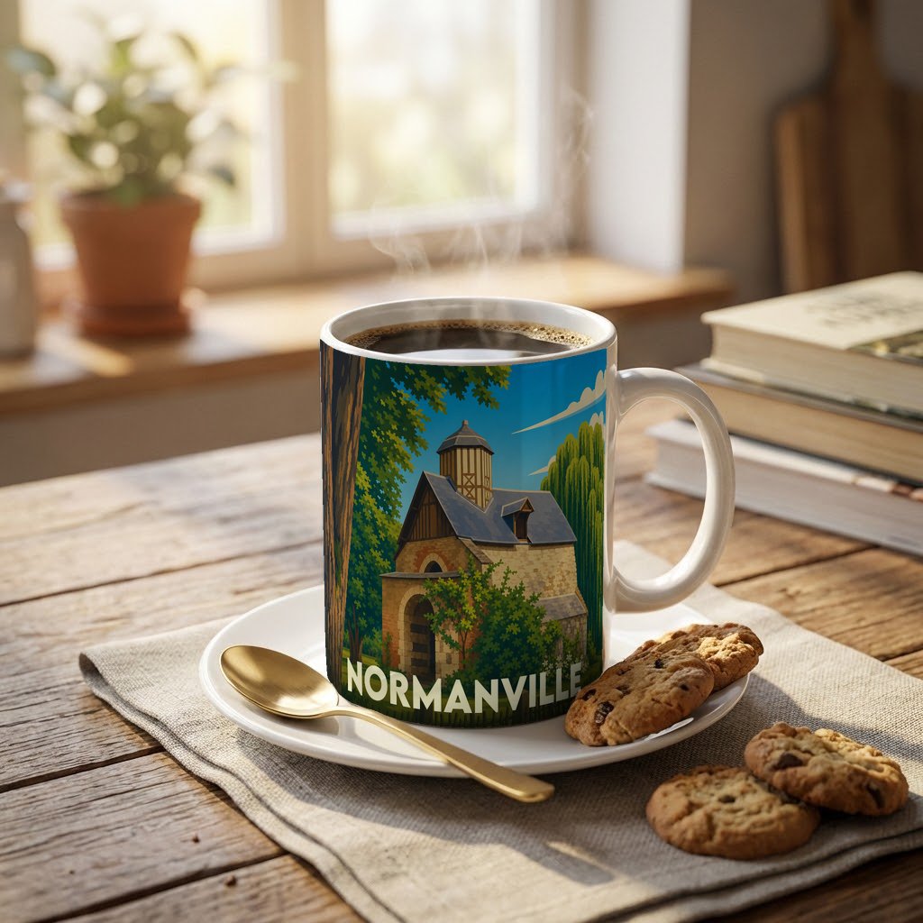 Mug souvenir de la ville de Normanville avec une illustration stylisée d'un bâtiment historique.