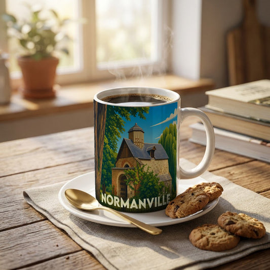 Mug souvenir de la ville de Normanville avec une illustration stylisée d'un bâtiment historique.