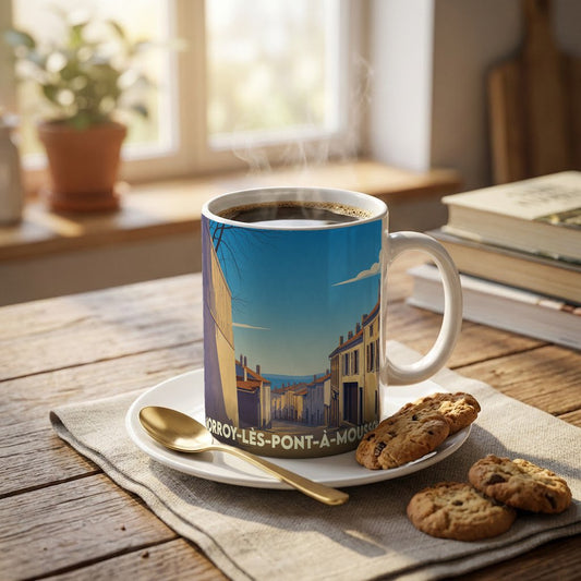 Mug souvenir de la ville de Norroy-lès-Pont-à-Mousson avec une illustration stylisée.