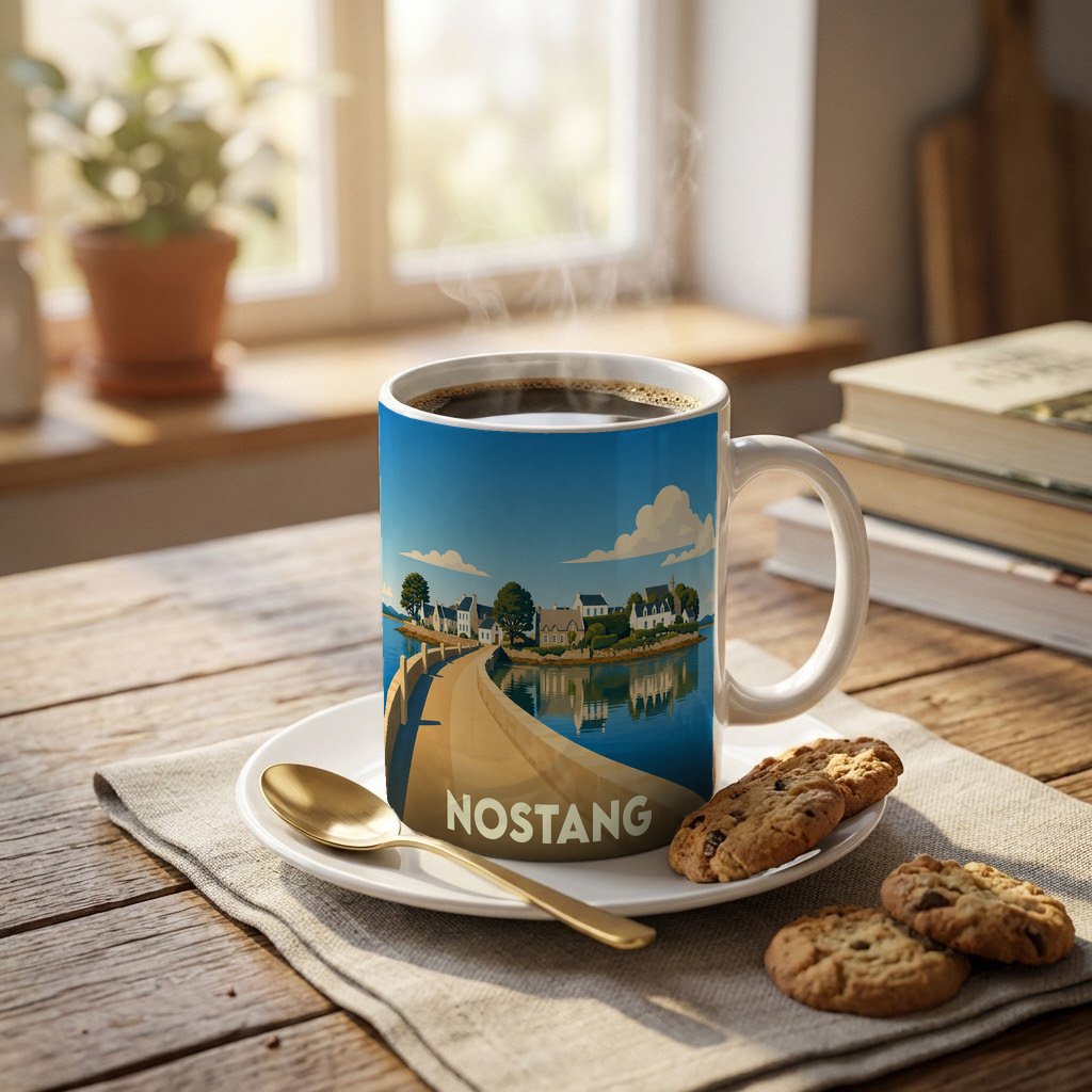Mug souvenir de la ville de Nostang orné d'une illustration stylisée de son front de mer.