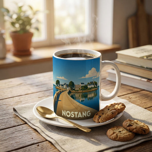 Mug souvenir de la ville de Nostang avec une illustration stylisée d'un pont et d'un village côtier.