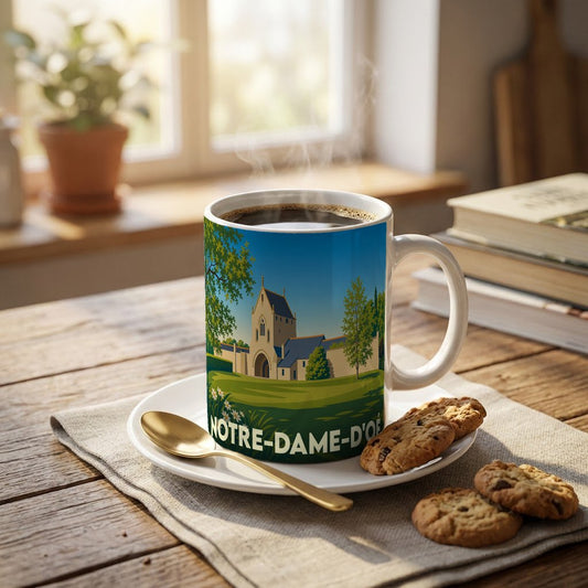 Mug souvenir de la ville de Notre-Dame-d'Oé avec une illustration stylisée d'un monument local.
