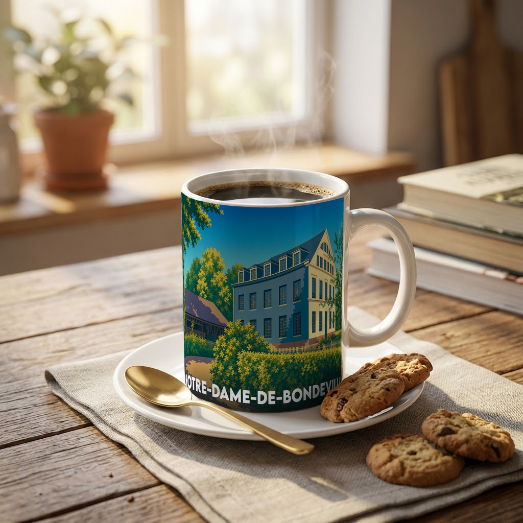 Mug souvenir de la ville de Notre-Dame-de-Bondeville avec une illustration stylisée d'un bâtiment historique.