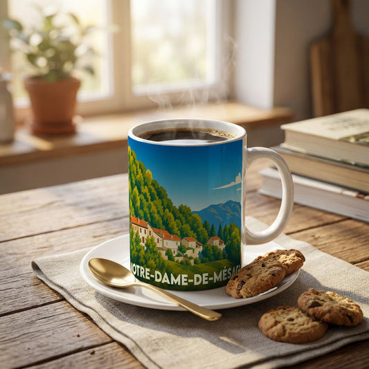 Mug souvenir de la ville de Notre-Dame-de-Mésage avec une illustration stylisée d'un paysage montagneux.