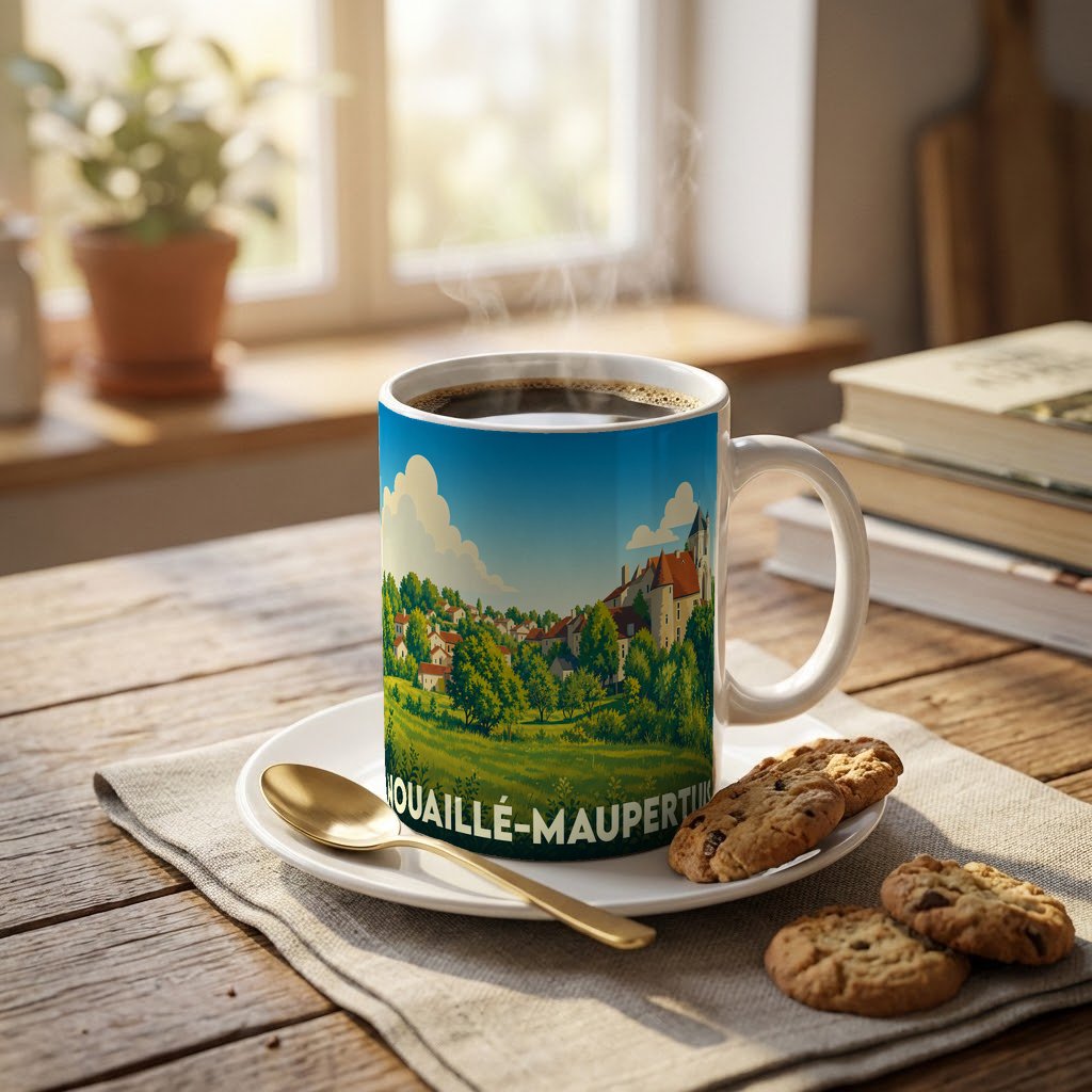 Mug souvenir de la ville de Nouaillé-Maupertuis orné d'une illustration de paysage champêtre stylisé.