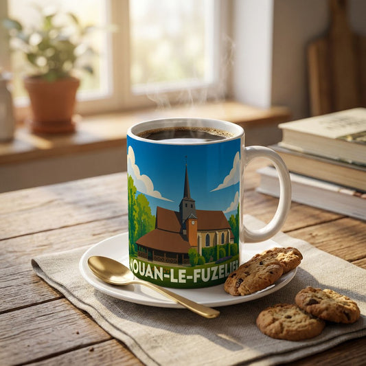 Mug souvenir de la ville de Nouan-le-Fuzelier avec une illustration stylisée de son église.