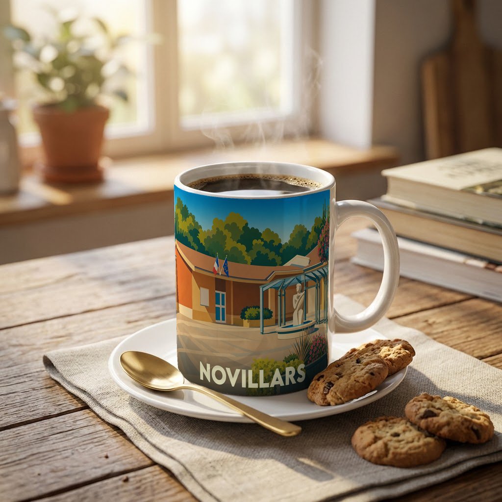 Mug souvenir de la ville de Novillars avec une illustration stylisée et colorée.