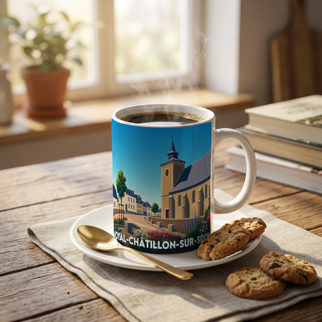 Mug souvenir de la ville de Noyal-Châtillon-sur-Seiche avec une illustration stylisée de son église et de ses rues.