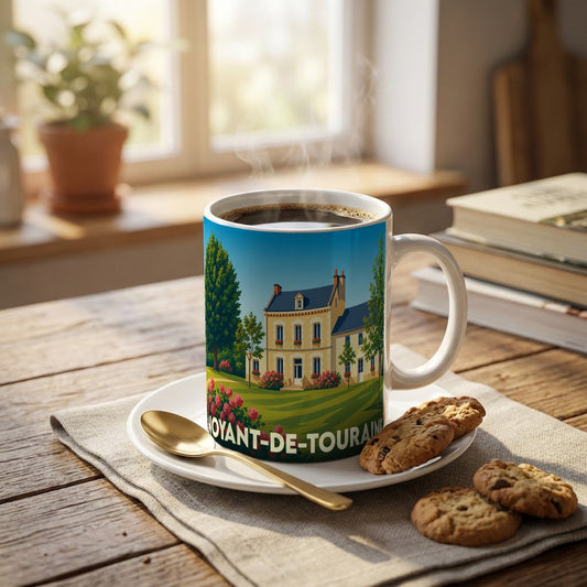 Mug souvenir de la ville de Noyant-de-Touraine illustré d'un manoir entouré de jardins.