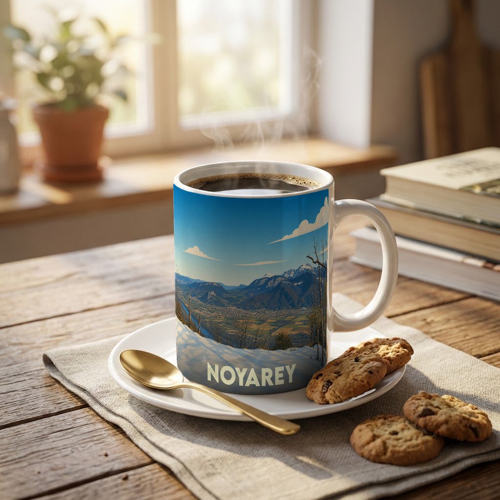 Mug souvenir de la ville de Noyarey avec une illustration stylisée d'un paysage montagneux.