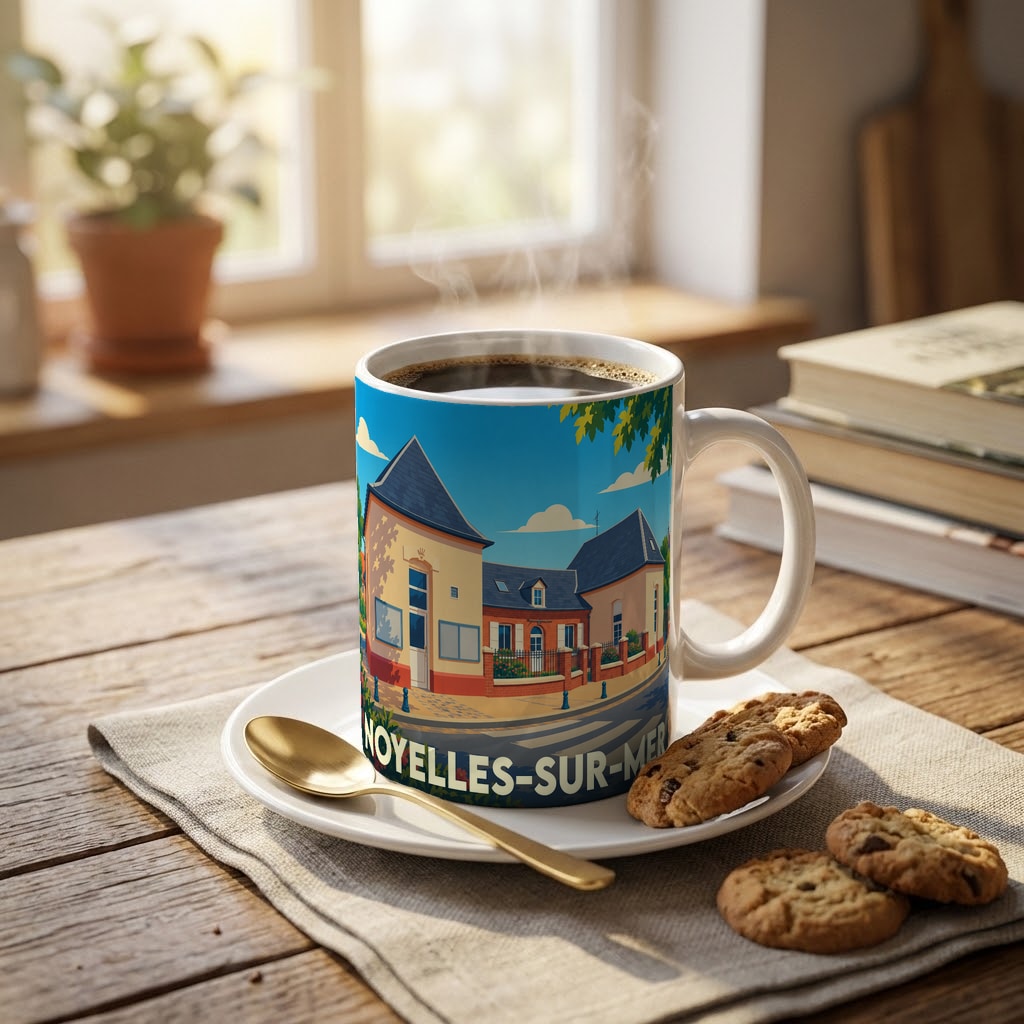 Mug souvenir de la ville de Noyelles-sur-Mer orné d'une illustration stylisée de son architecture.
