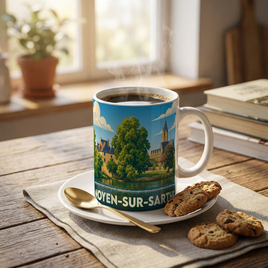 Mug souvenir de la ville de Noyen-sur-Sarthe avec une illustration stylisée et colorée.