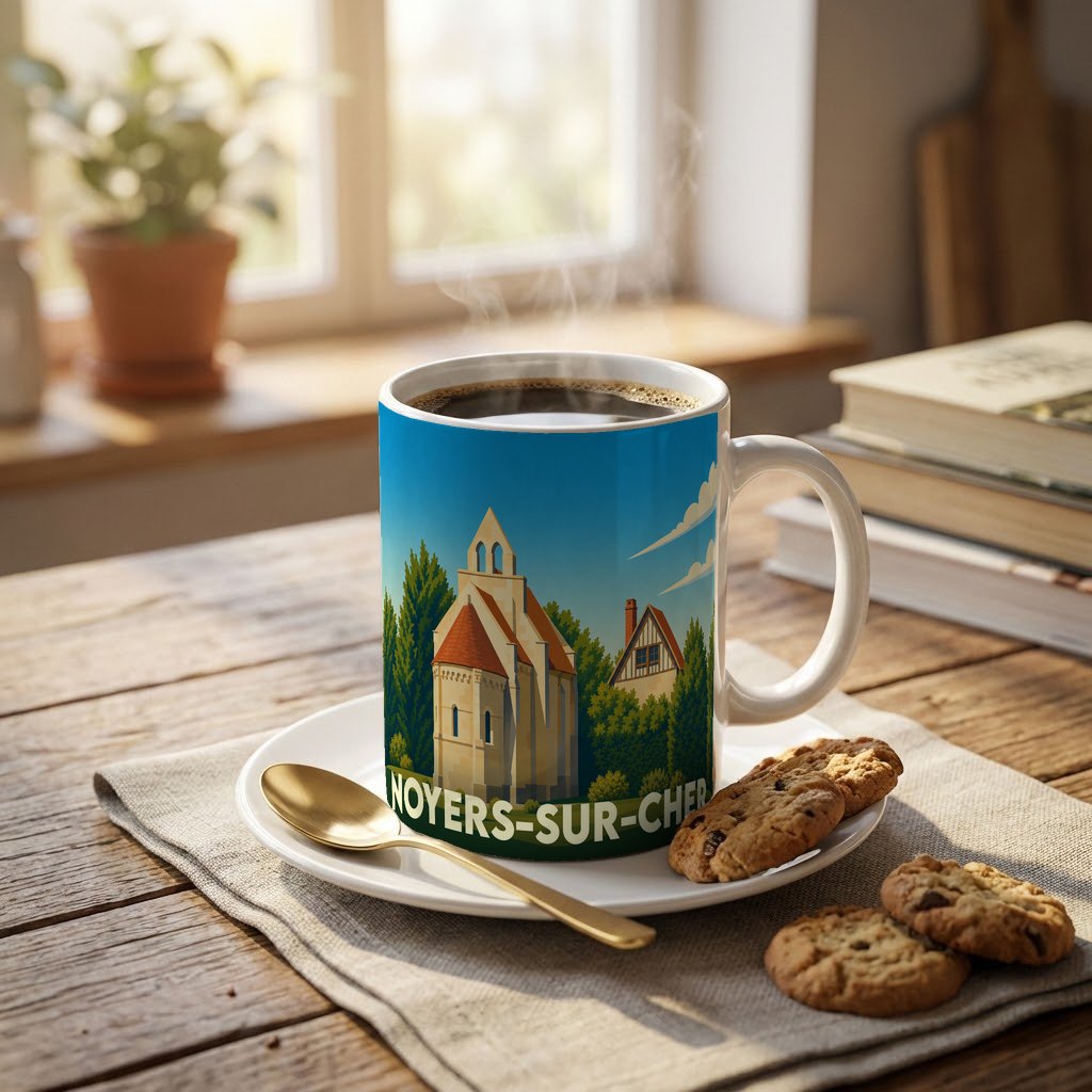 Mug souvenir de la ville de Noyers-sur-Cher avec une illustration stylisée d'une église.