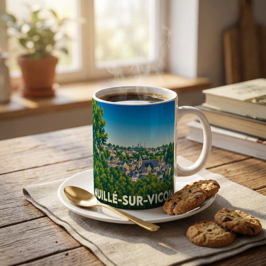 Mug souvenir de la ville de Nuillé-sur-Vicoin avec une illustration stylisée.
