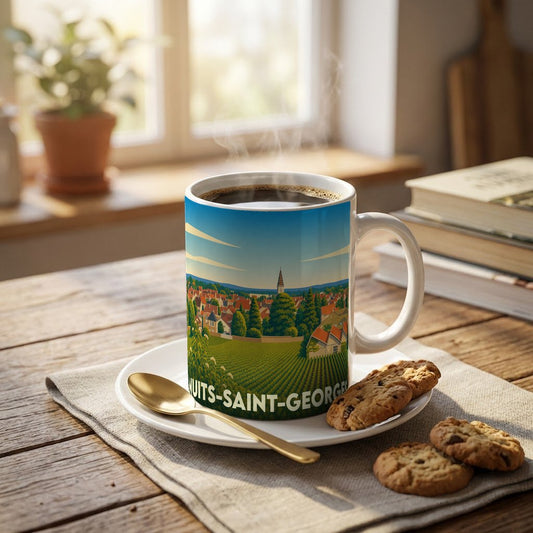 Mug souvenir de la ville de Nuits-Saint-Georges illustré d'un paysage de vignobles et de maisons à l'ancienne.