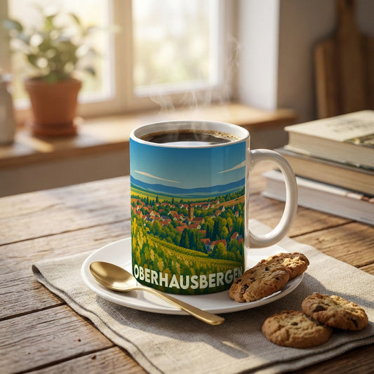 Mug souvenir de la ville d'Oberhausbergen orné d'une illustration stylisée de son paysage vallonné.