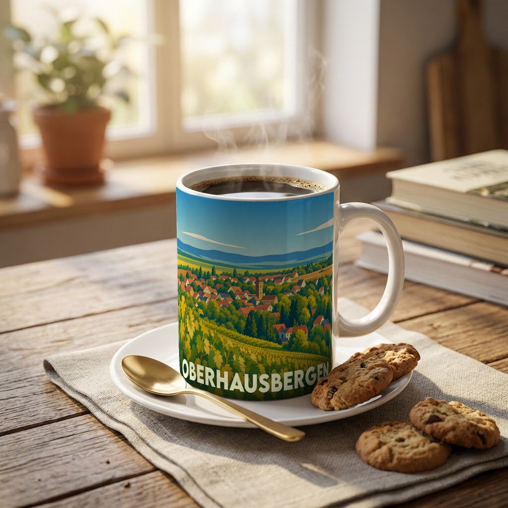 Mug souvenir de la ville d'Oberhausbergen avec une illustration stylisée de son paysage vallonné.