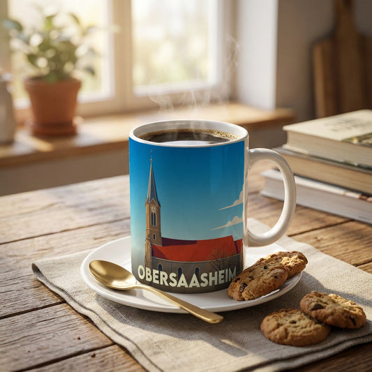 Mug souvenir de la ville de Obersaasheim avec une illustration stylisée d'une église.