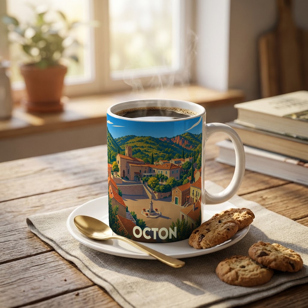 Mug souvenir de la ville d'Octon orné d'une illustration stylisée du village et de son paysage vallonné.