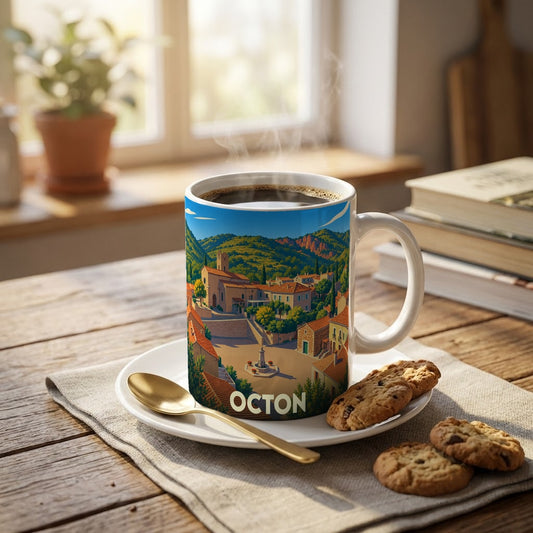 Mug souvenir de la ville d'Octon orné d'une illustration stylisée du village et de son paysage vallonné.