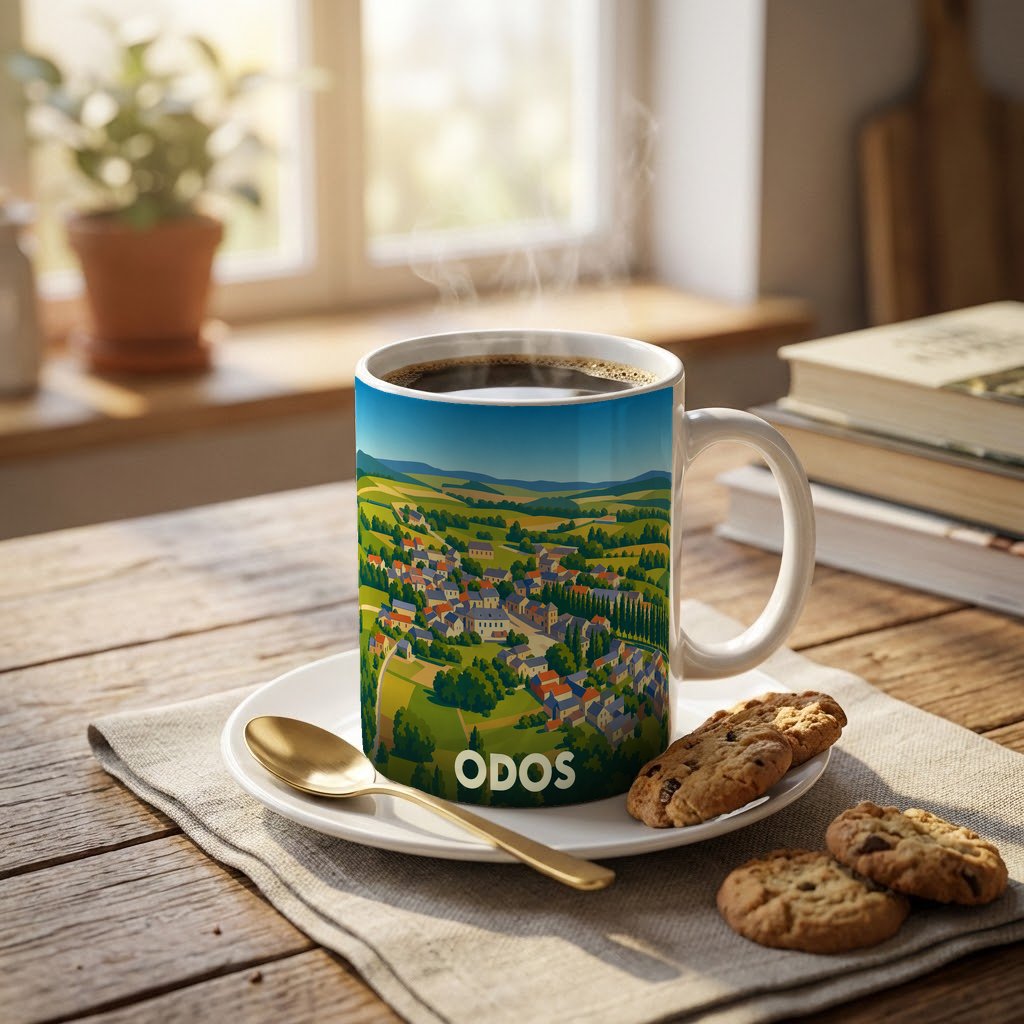 Mug souvenir de la ville d'Odos avec une illustration stylisée de son paysage urbain et champêtre.