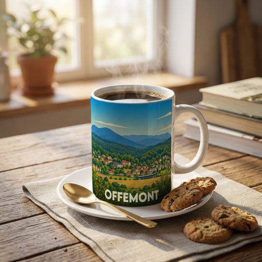 Mug souvenir de la ville d'Offemont avec une illustration stylisée d'un paysage vallonné.