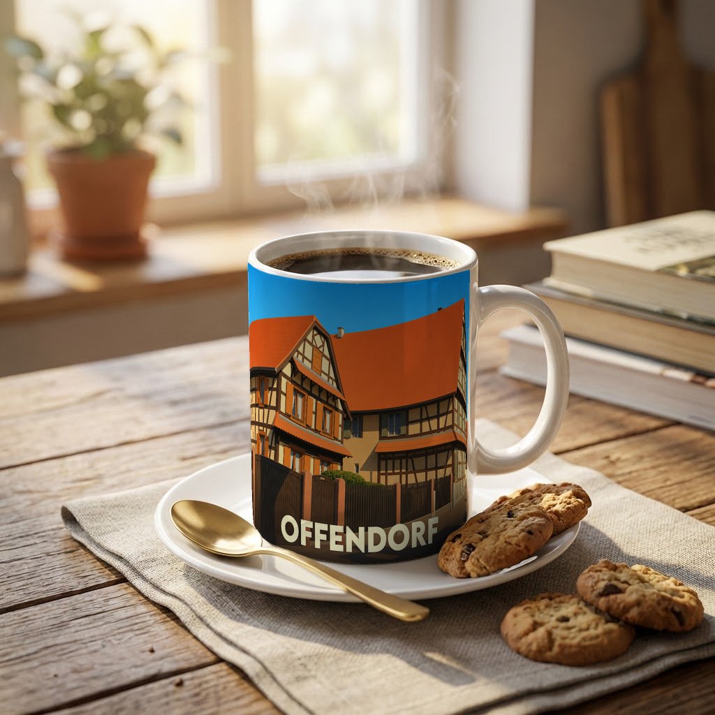 Mug souvenir de la ville d'Offendorf avec une illustration stylisée de maisons à colombages.