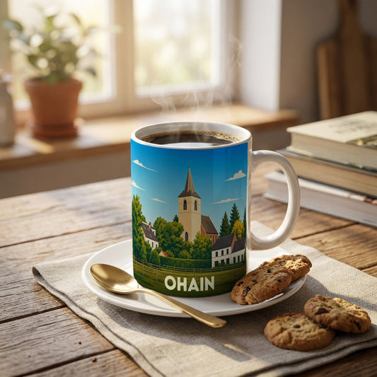 Mug souvenir de la ville d'Ohain orné d'une illustration stylisée de son église et de ses maisons.