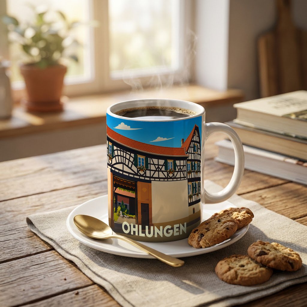 Mug souvenir de la ville d'Ohlungen orné d'une illustration stylisée de maison à colombages.