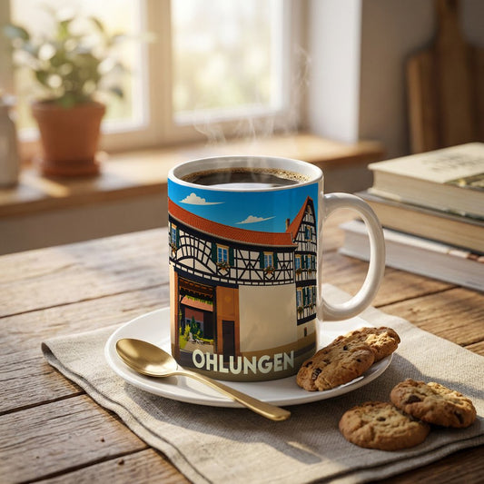 Mug souvenir de la ville d'Ohlungen orné d'une illustration stylisée de maison à colombages.