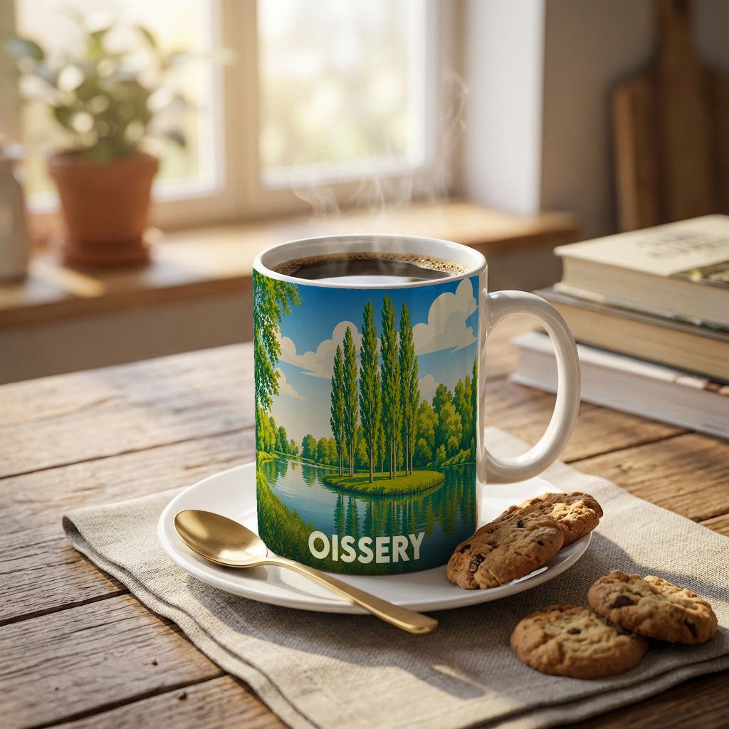 Mug souvenir de la ville d'Oissery orné d'une illustration paysagère stylisée.
