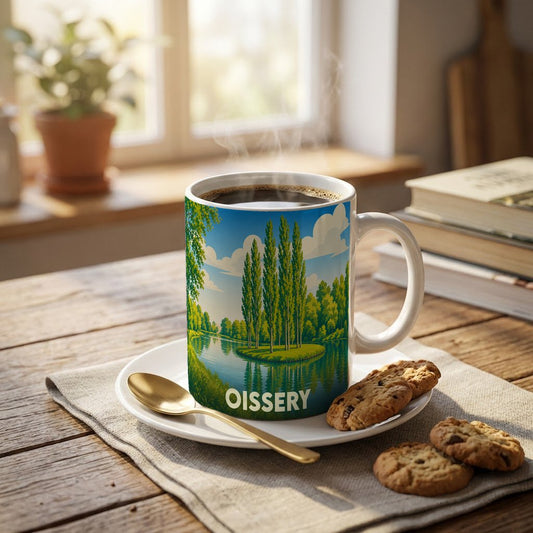 Mug souvenir de la ville d'Oissery orné d'une illustration paysagère stylisée.