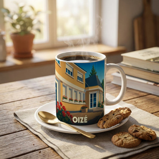 Mug souvenir de la ville d'Oizé orné d'une illustration stylisée de ses bâtiments.
