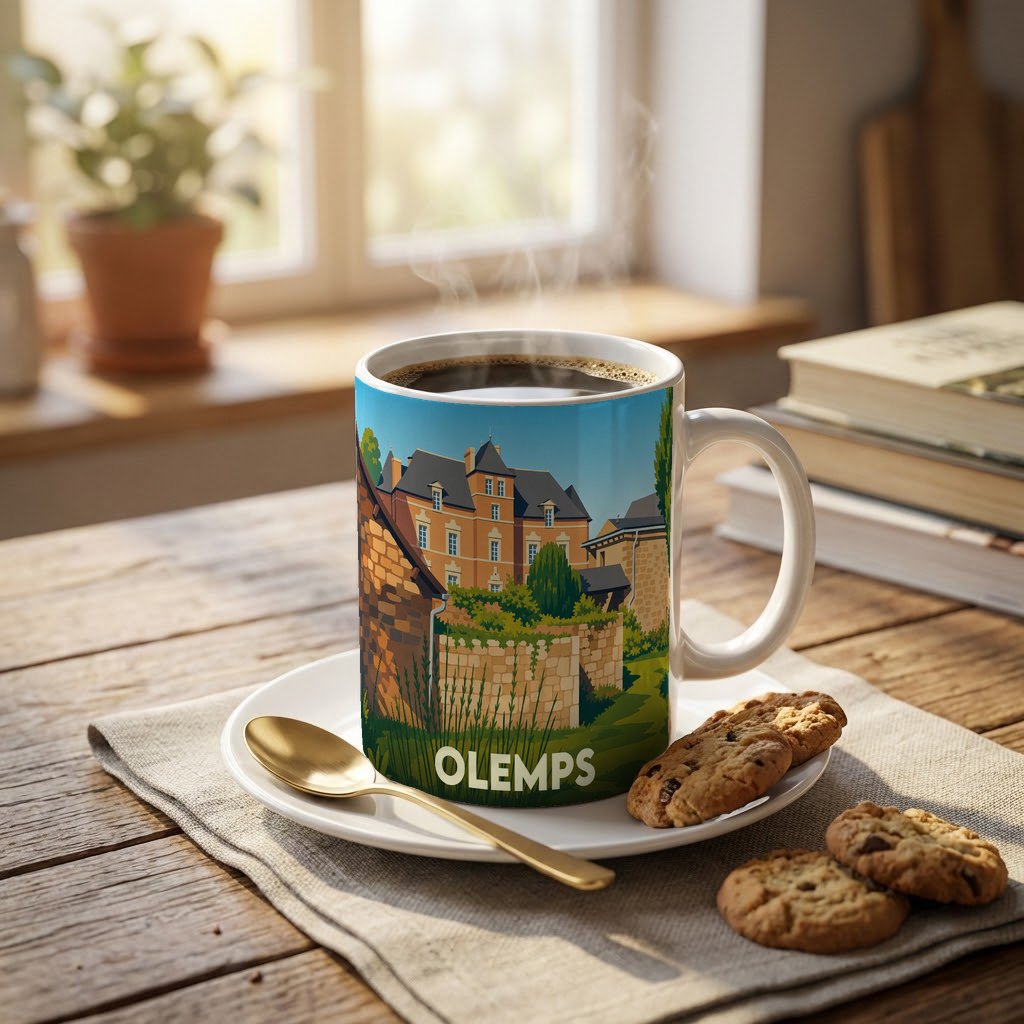 Mug souvenir de la ville d'Olemps avec une illustration stylisée de ses bâtiments historiques.