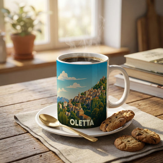 Mug souvenir de la ville d'Oletta orné d'une illustration stylisée d'un village corse à flanc de colline.