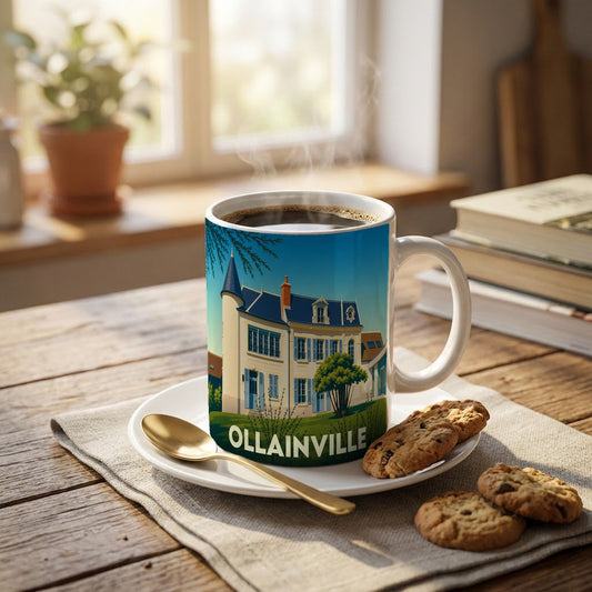 Mug souvenir de la ville d'Ollainville orné d'une illustration stylisée de maison bourgeoise.