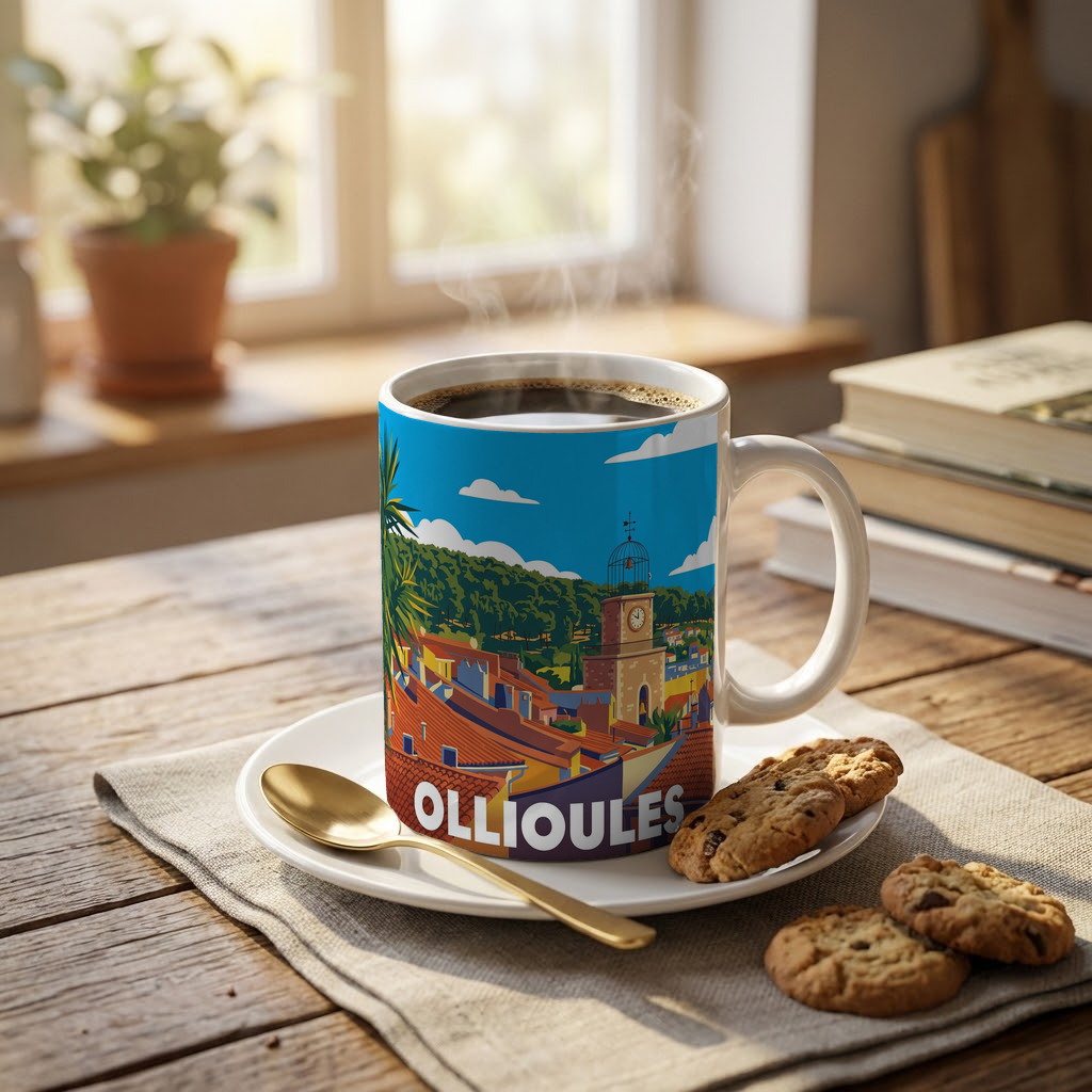 Mug souvenir de la ville d'Ollioules avec une illustration stylisée.