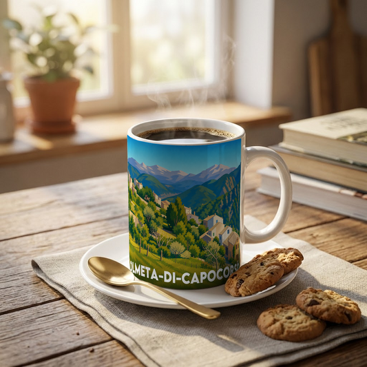Mug souvenir de la ville d'Olmeta-di-Capocorso avec une illustration stylisée.