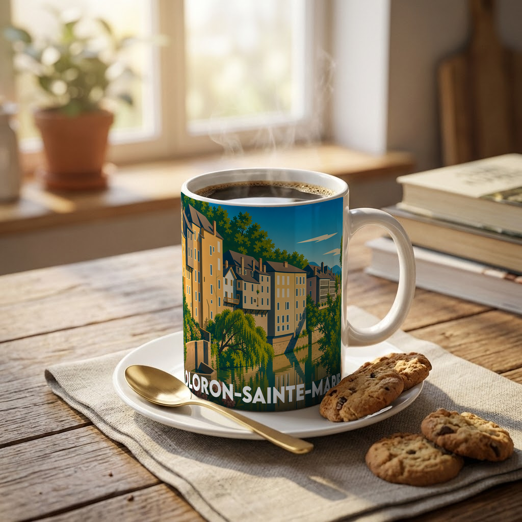 Mug souvenir de la ville d'Oloron-Sainte-Marie orné d'une illustration colorée des maisons au bord de l'eau.