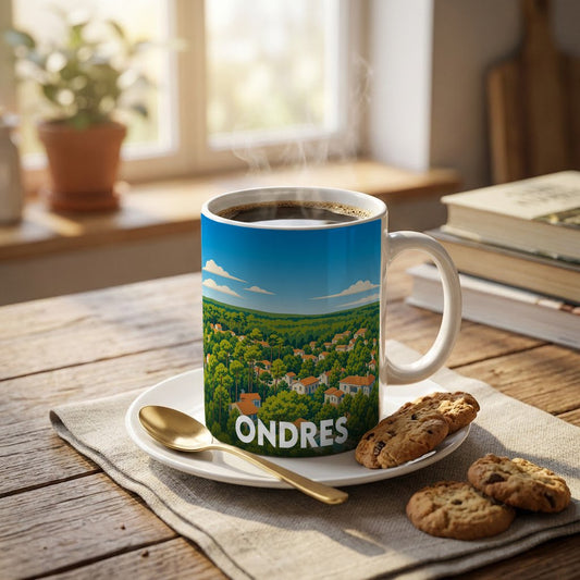 Mug souvenir de la ville d'Ondres avec une illustration stylisée de maisons nichées dans une forêt de pins.