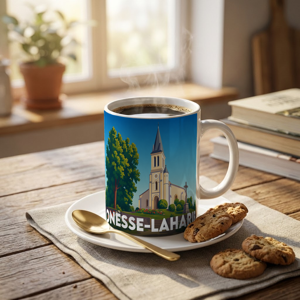 Mug souvenir de la ville d'Onesse-Laharie avec une illustration stylisée.