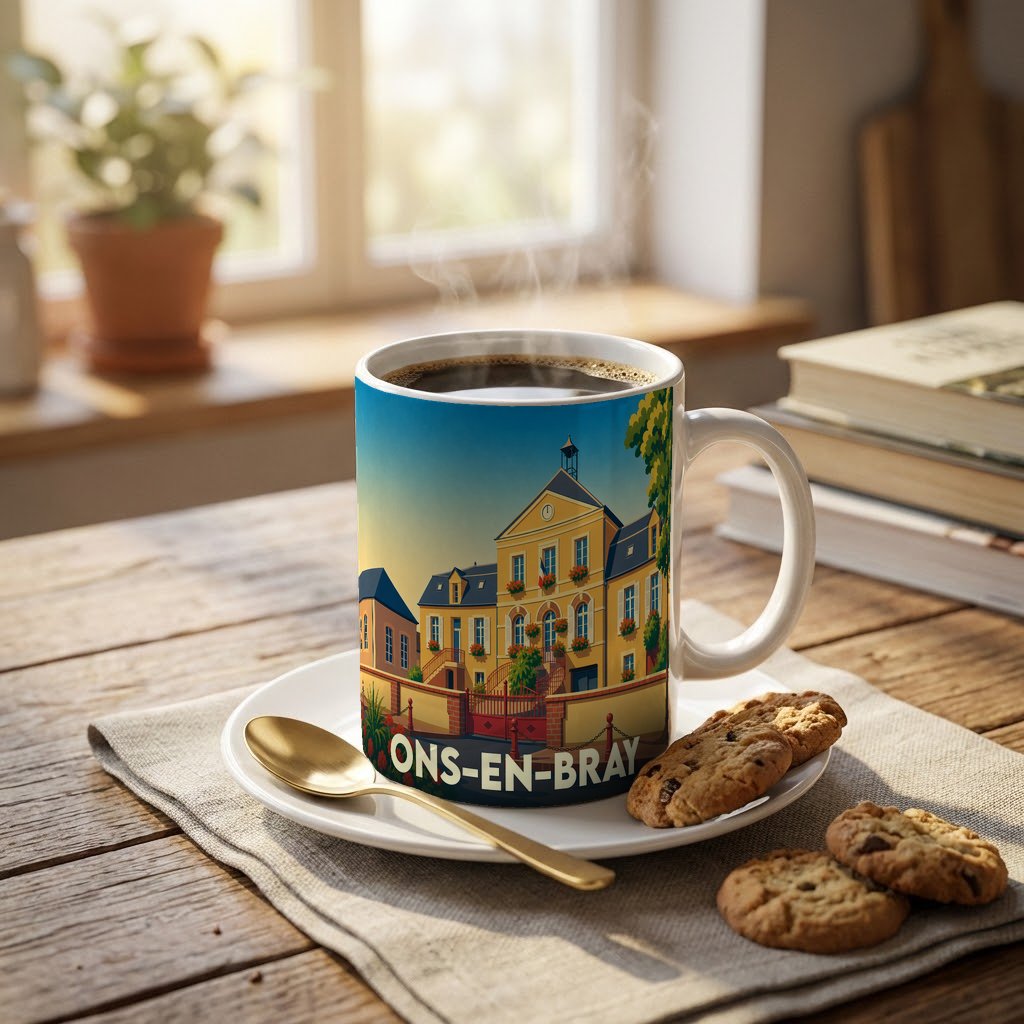 Mug souvenir de la ville d'Ons-en-Bray orné d'une illustration stylisée de l'hôtel de ville.